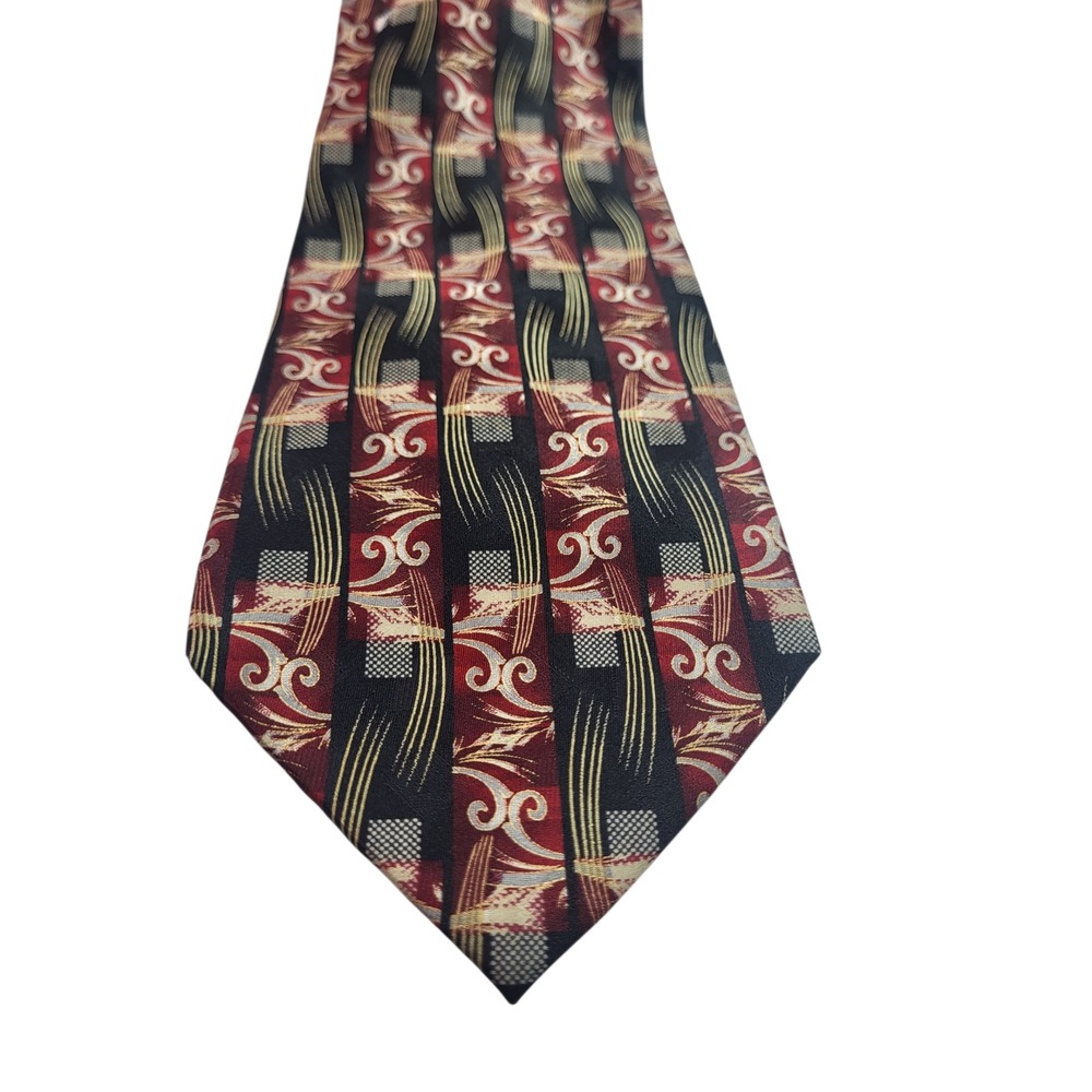 Pierre Cardin Silk Necktie Abstract Pattern Burgundy Black Gold Men's Tie